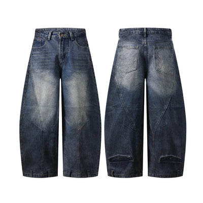 Faded Wash Panel Stitching Barrel-Leg Jeans