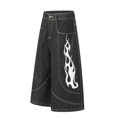 Flame Print Black Wide Leg Denim Shorts