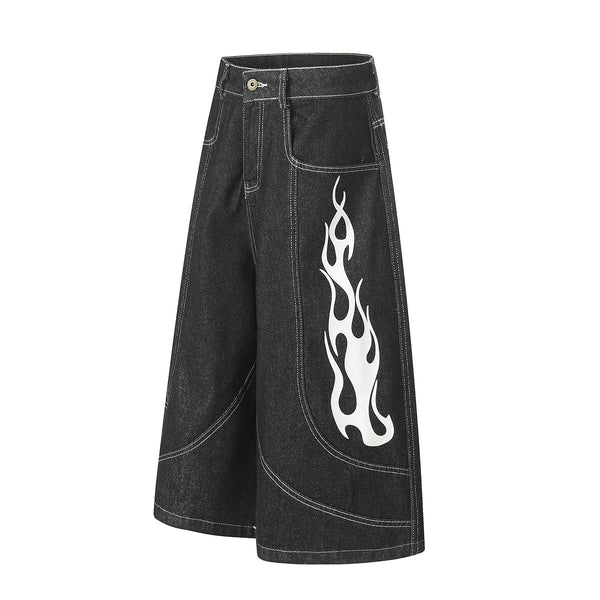 Flame Print Black Wide Leg Denim Shorts