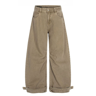 Adjustable Cuffs High Waist Wide Leg Beige Cargos