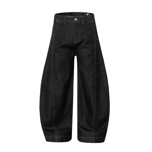 High Street Vintage Washed Raw Denim Wide Leg Curved Jeans