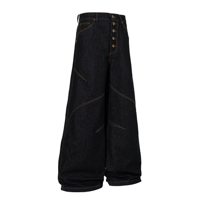 Wide Leg High Waisted Dark Denim Jeans Button Detail