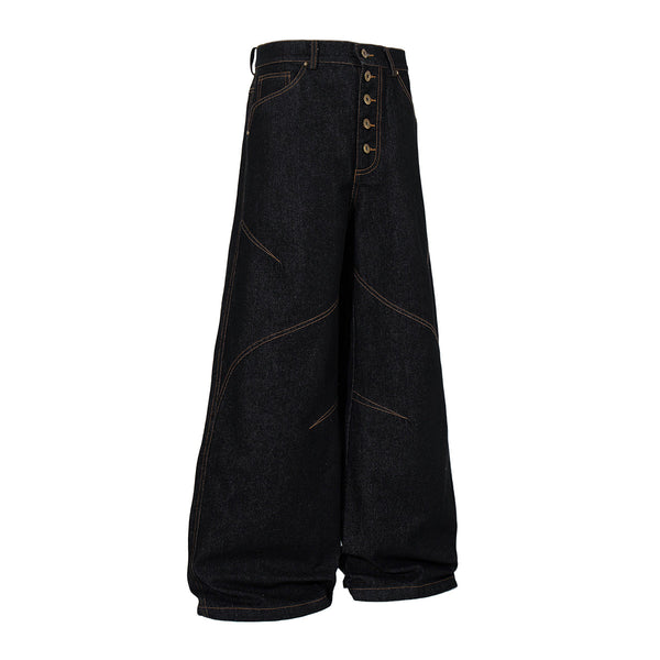 Wide Leg High Waisted Dark Denim Jeans Button Detail