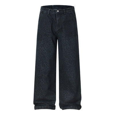 Vintage Washed Leopard Print Relaxed Wide Jeans
