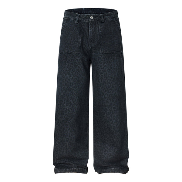 Vintage Washed Leopard Print Relaxed Wide Jeans