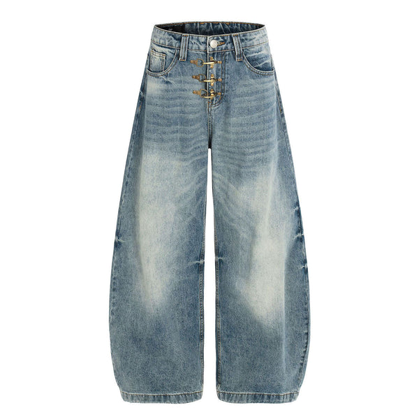 Distressed Wide Leg Gold Closure Denim