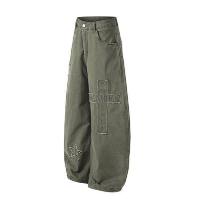 Olive Wide Leg Pants Star Cross Embroidery Details