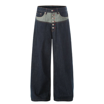 Patchwork Curved Wide-Leg Raw Denim Premium Jeans