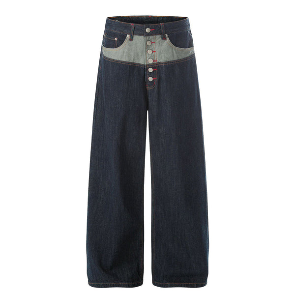 Patchwork Curved Wide-Leg Raw Denim Premium Jeans