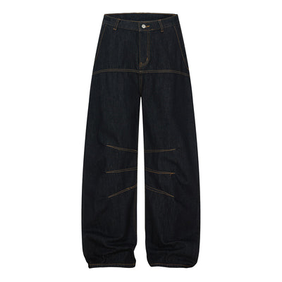 Premium Raw Denim Panel Stitch Wide-Leg Jeans