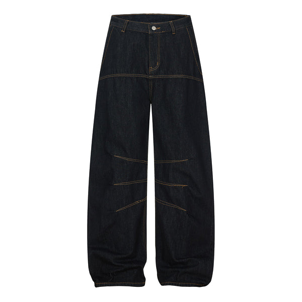 Premium Raw Denim Panel Stitch Wide-Leg Jeans