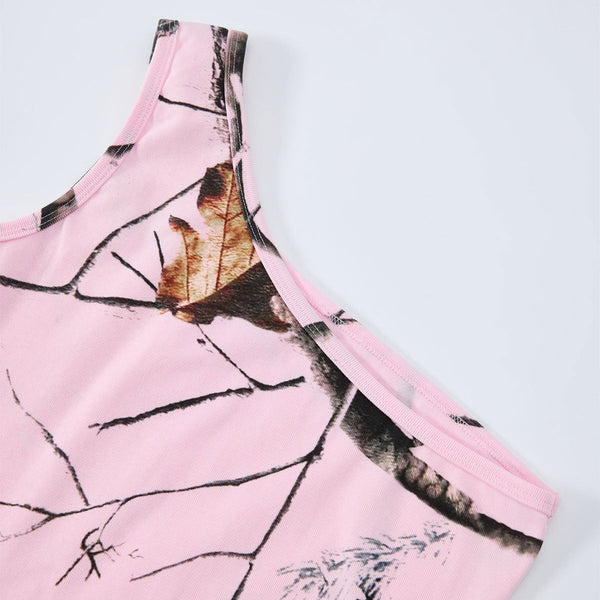 Pink Camo Leaf Print Single Shoulder Comfort Tank