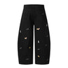 Washed Faded Dog-Embroidered Barrel-Leg Jeans