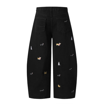 Washed Faded Dog-Embroidered Barrel-Leg Jeans
