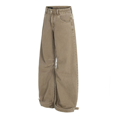 Adjustable Cuffs High Waist Wide Leg Beige Cargos