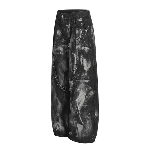 Studded Black Paint Splatter Wide Leg Jeans