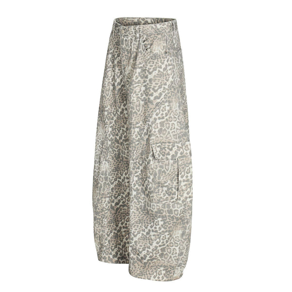Leopard Print Cargo Wide-Leg Denim Pants