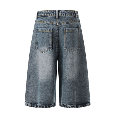 Starry Denim Bermuda Shorts Distressed Wash Colorful Accents