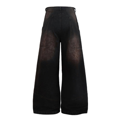 Artistic Brown Fade Geometric Stitching Black Denim Wide Leg Jeans