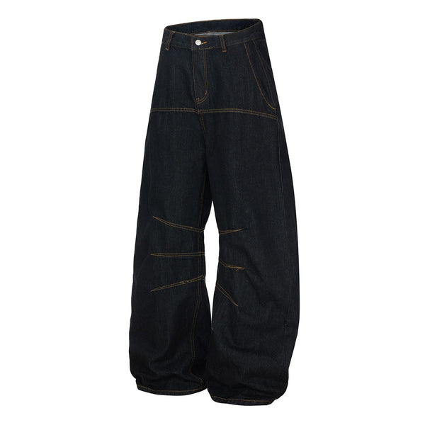 Premium Raw Denim Panel Stitch Wide-Leg Jeans