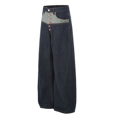 Patchwork Curved Wide-Leg Raw Denim Premium Jeans