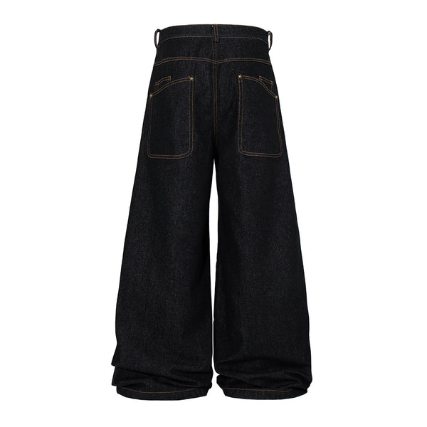 Wide Leg High Waisted Dark Denim Jeans Button Detail