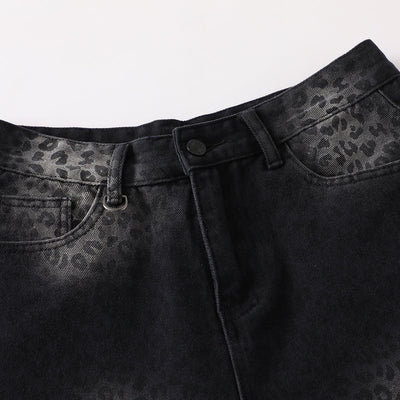 Black Wash Leopard-Print Wide-Leg Jeans