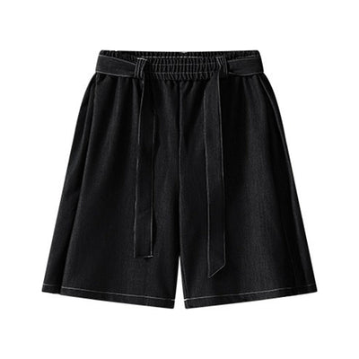 High Waist Tie Belt Relaxed Denim Shorts