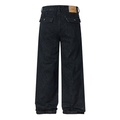 Vintage Washed Leopard Print Relaxed Wide Jeans