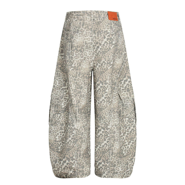 Leopard Print Cargo Wide-Leg Denim Pants