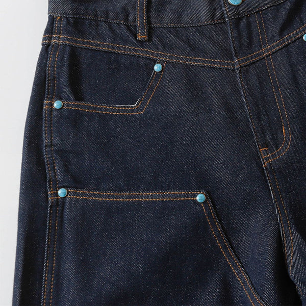 Raw Denim Straight-Leg Jeans High-Street Turquoise Accent