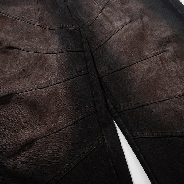 Artistic Brown Fade Geometric Stitching Black Denim Wide Leg Jeans