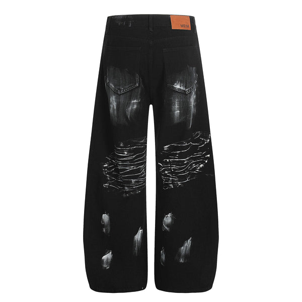 Painted Distress Black Wide Leg Star Patch Jeans