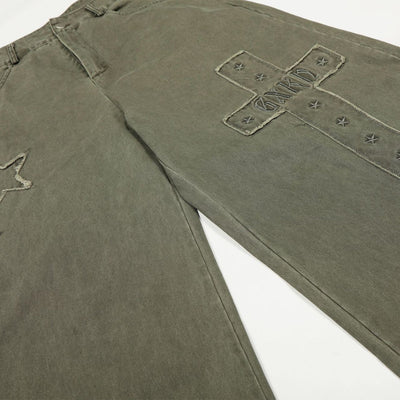Olive Wide Leg Pants Star Cross Embroidery Details