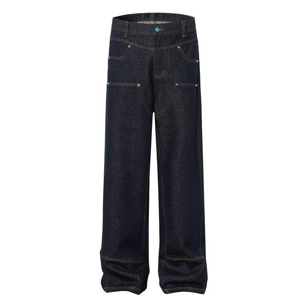Raw Denim Straight-Leg Jeans High-Street Turquoise Accent