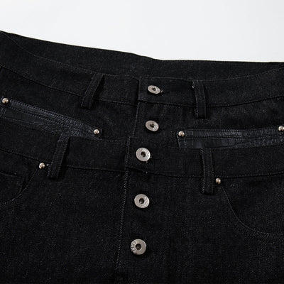 Faux Leather Accent High Waisted Wide Leg Denim Trousers