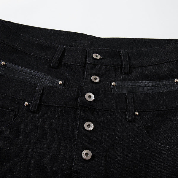 Faux Leather Accent High Waisted Wide Leg Denim Trousers