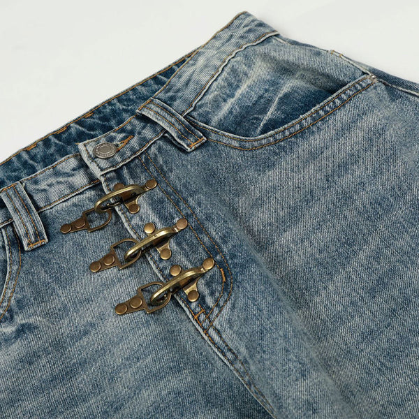 Distressed Wide Leg Gold Closure Denim