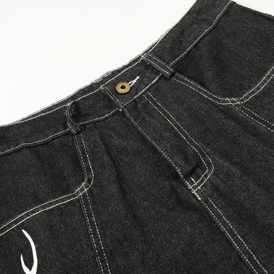 Flame Print Black Wide Leg Denim Shorts