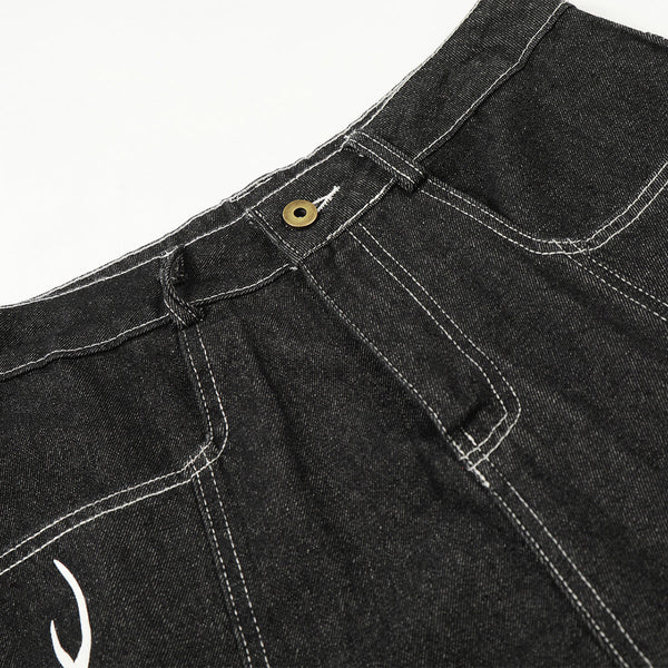 Flame Print Black Wide Leg Denim Shorts