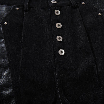 Croc Textured Panels Edgy Black Denim Wide Leg Jeans