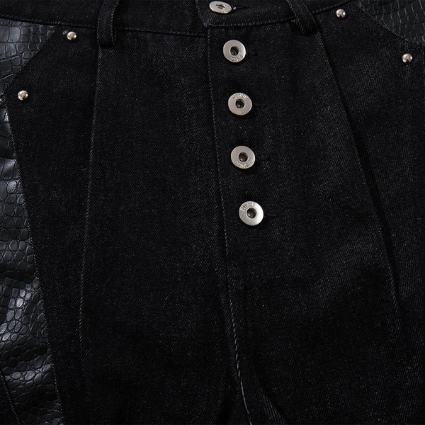 Croc Textured Panels Edgy Black Denim Wide Leg Jeans