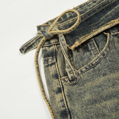Distressed Wide Leg Denim Pants Asymmetrical Layered Waist