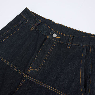 Premium Raw Denim Panel Stitch Wide-Leg Jeans