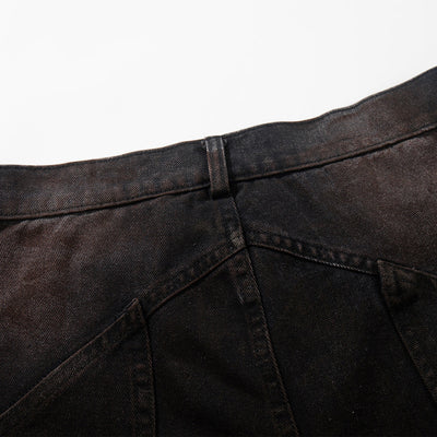 Artistic Brown Fade Geometric Stitching Black Denim Wide Leg Jeans