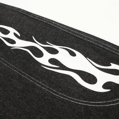 Flame Print Black Wide Leg Denim Shorts