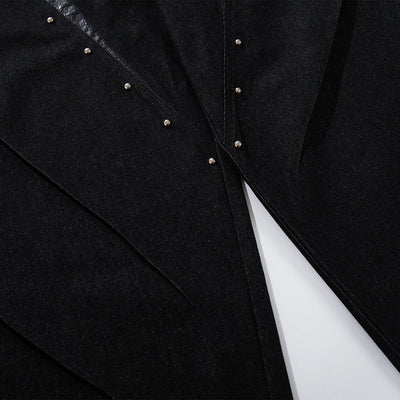 Croc Textured Panels Edgy Black Denim Wide Leg Jeans