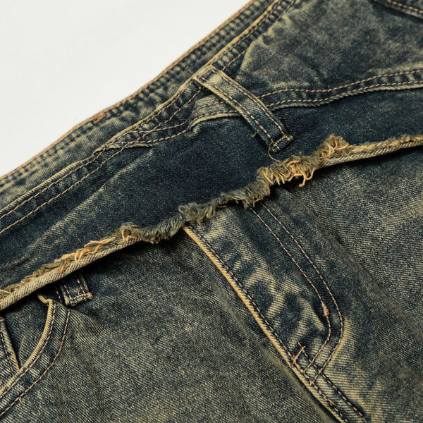 Distressed Wide Leg Denim Pants Asymmetrical Layered Waist