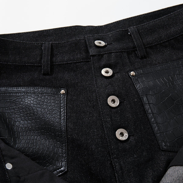 Faux Leather Accent High Waisted Wide Leg Denim Trousers