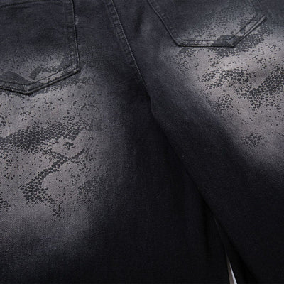 Black Wide Leg Jeans Snake Print Faded Detailing